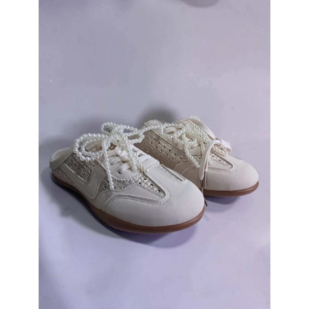 Top Moda Womens Woven Mesh Mule Sneakers with Faux Pearl Bow Accents Slip Ons